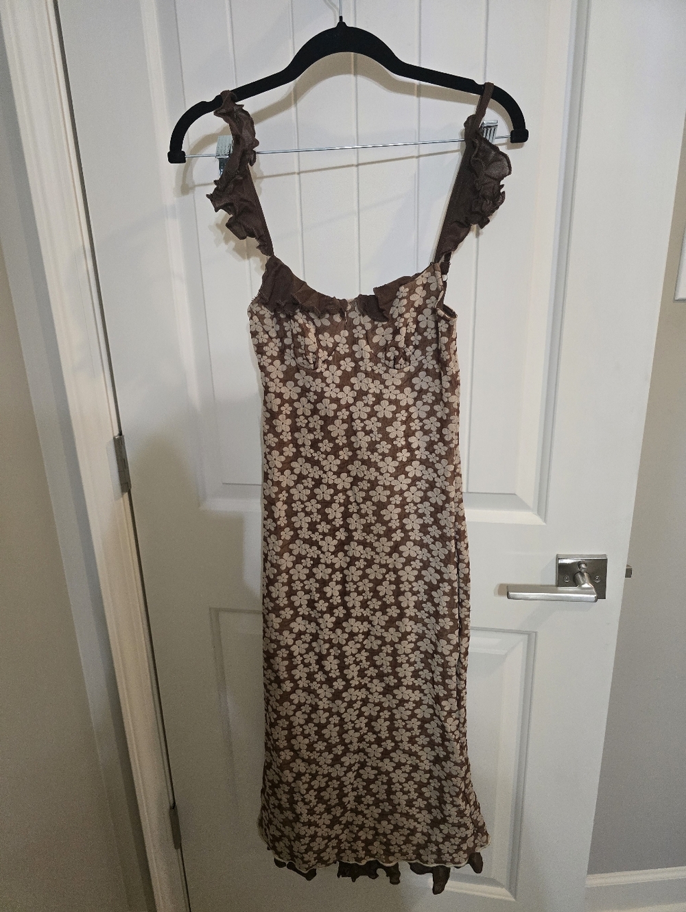 NWT Commense Stretchy Floral Midi Dress Taupe Cream Boho Spring Summer Small XS - Picture 2 of 6